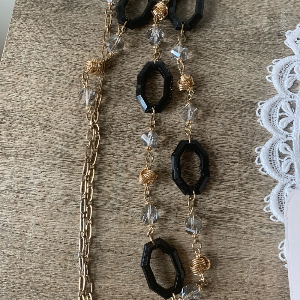 Beautiful statement necklace black acrylic beads and clear stones on gold chain